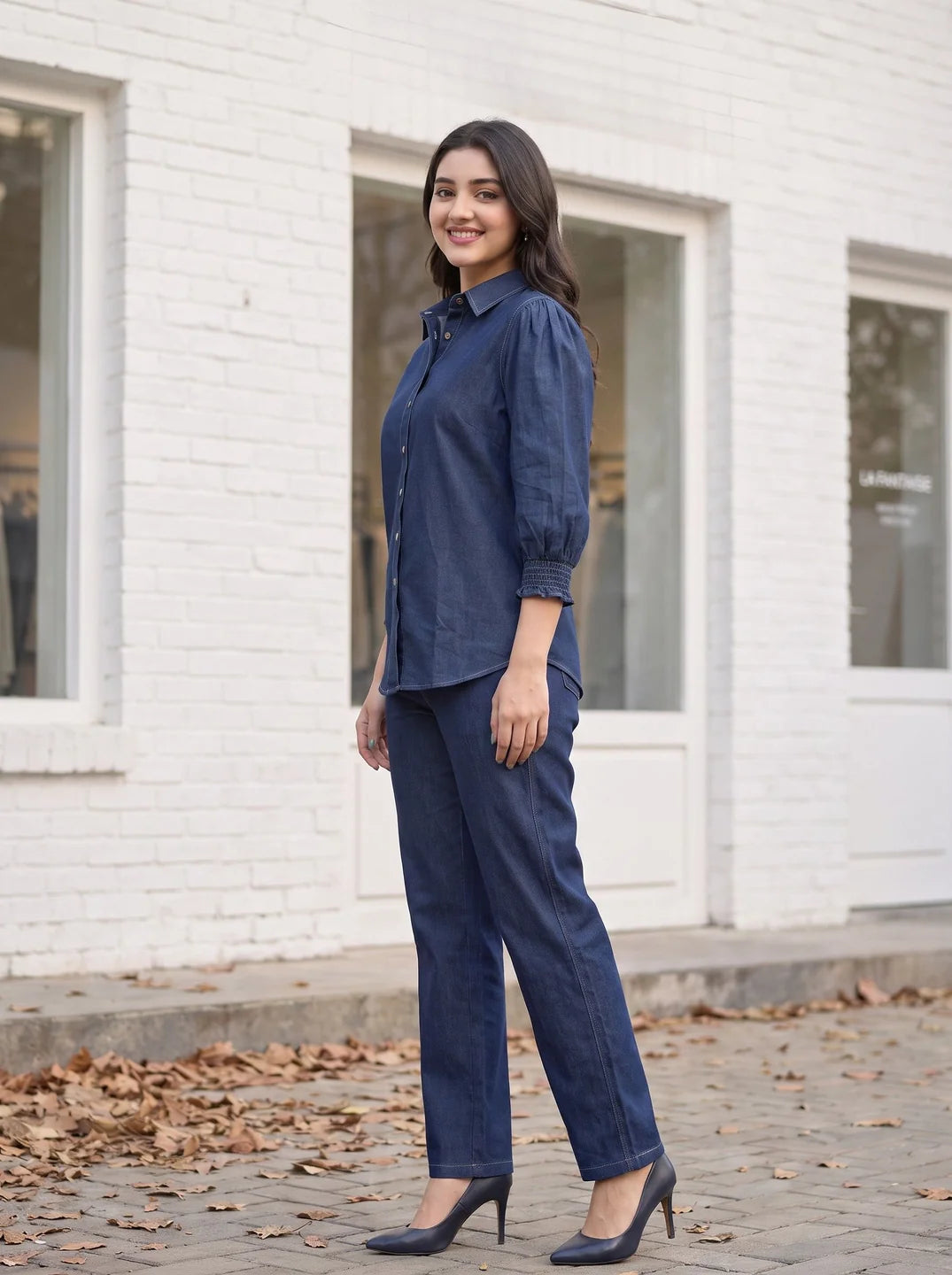 Dark Blue Cotton Denim Shirt Co-ord Set with Elasticated Sleeves & Drawstring Pants