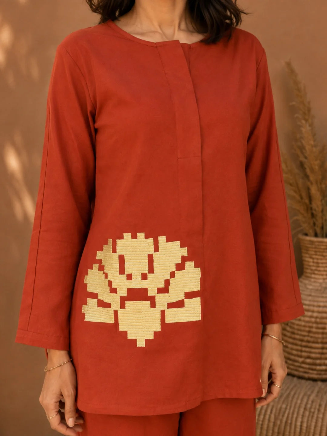 Rust Co-ord Set with Geometric Embroidery in Cotton Flex