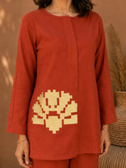 Rust Co-ord Set with Geometric Embroidery in Cotton Flex
