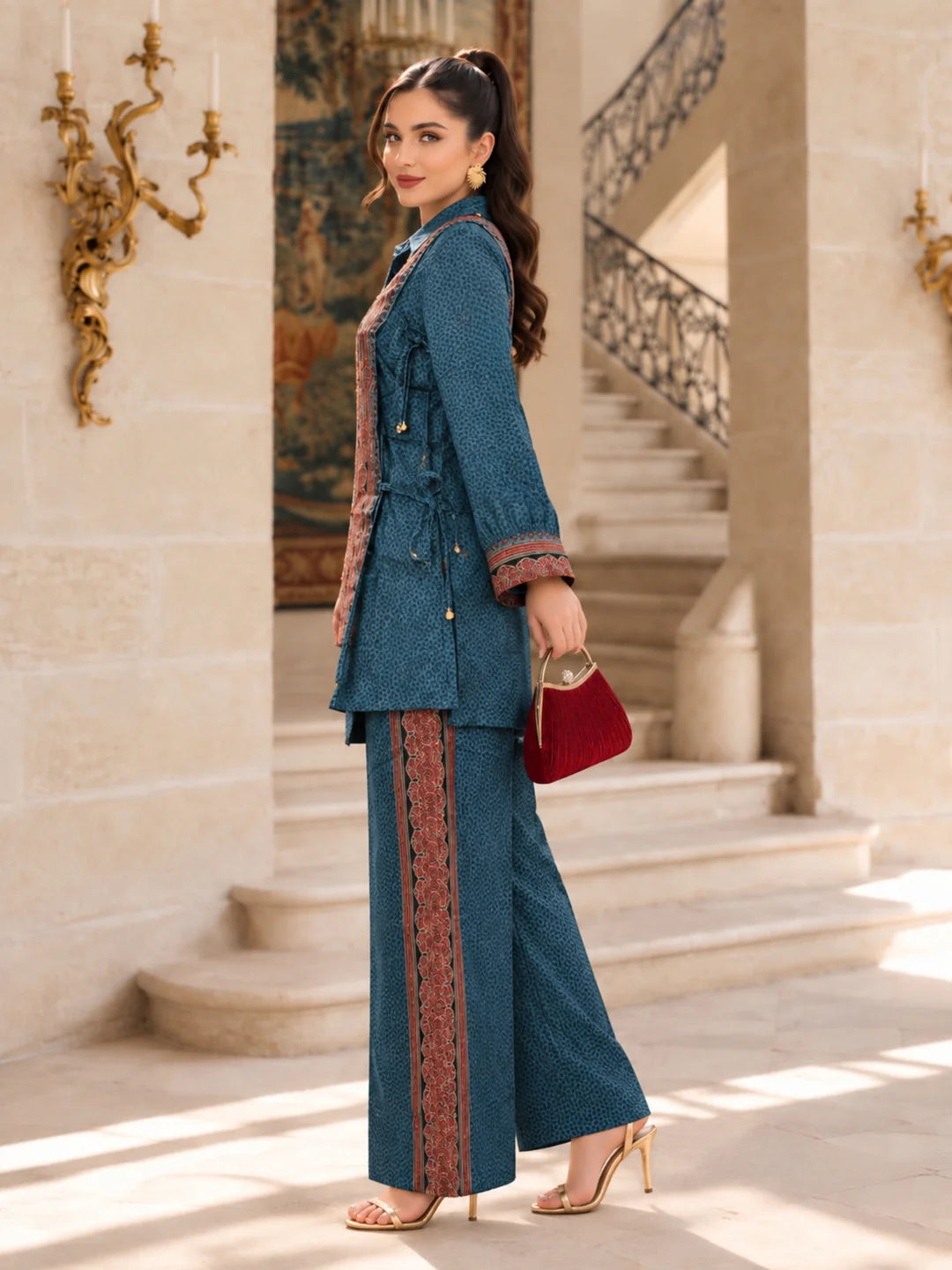 Blue & Plum Traditional Print 3-Piece Co-ord Set in Muslin