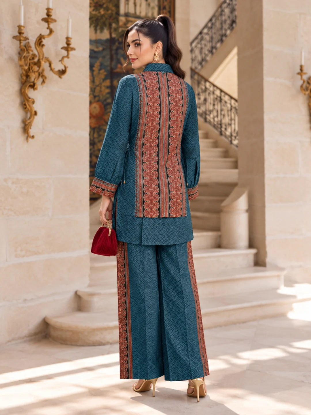 Blue & Plum Traditional Print 3-Piece Co-ord Set in Muslin