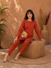 Rust Co-ord Set with Geometric Embroidery in Cotton Flex