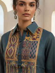 Deep Slate Blue Ajrakh Panel Kurta Set in Muslin