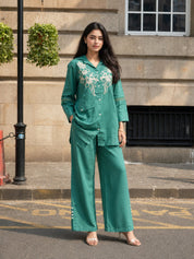 Turquoise Floral Embroidered Co-ord Set in Handloom Cotton