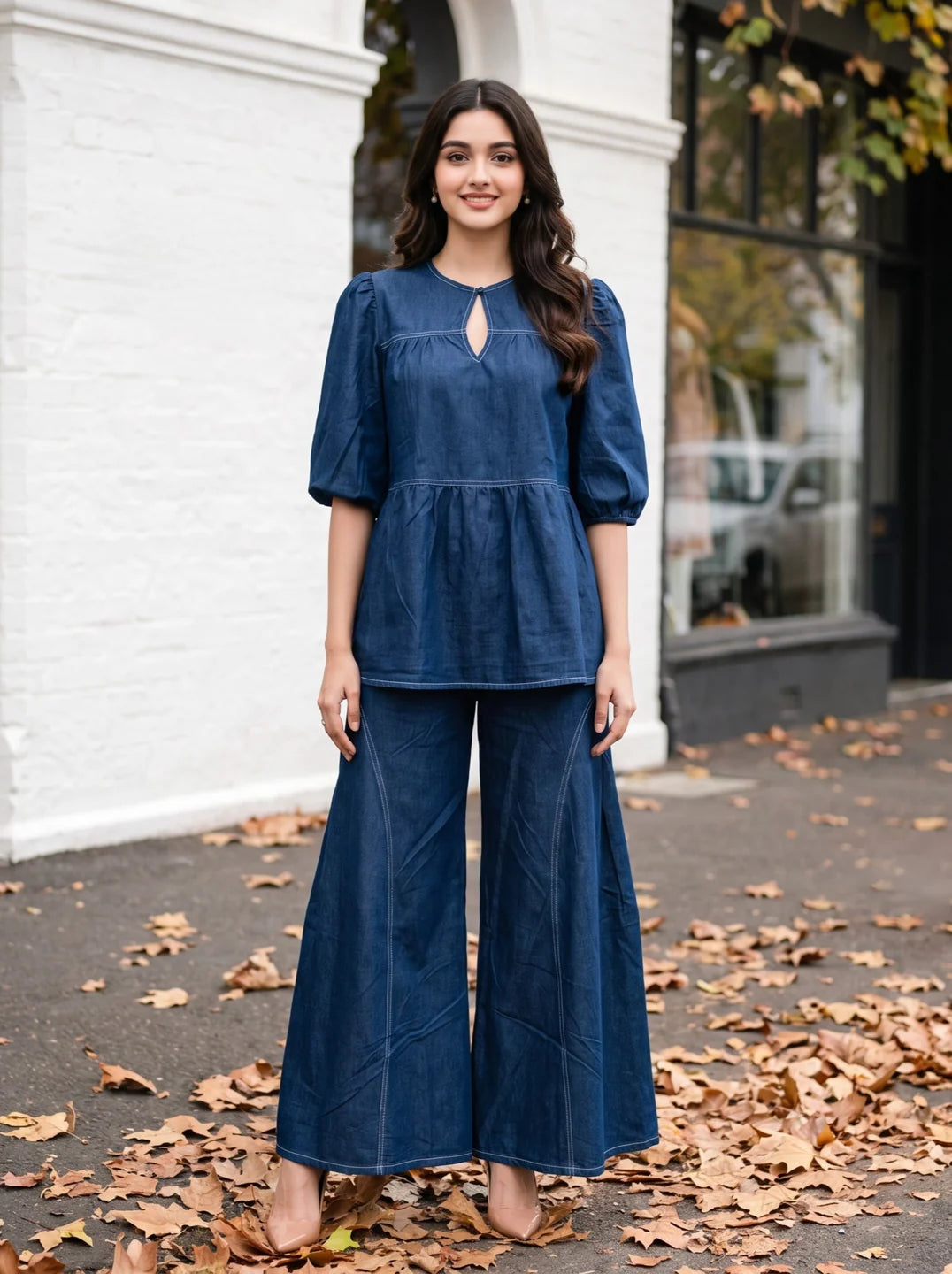 Women's blue co-ord set featuring a stylish matching top and pants, perfect for casual outings, office wear, brunch, and everyday fashion.
