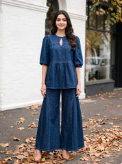 Denim Blue Cotton Denim Co-ord Set with Keyhole Neck Top & Wide Leg Pants