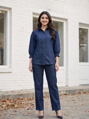 Dark Blue Cotton Denim Shirt Co-ord Set with Elasticated Sleeves & Drawstring Pants