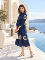 Denim Blue Floral Embroidered A-Line Dress in Cotton Denim
