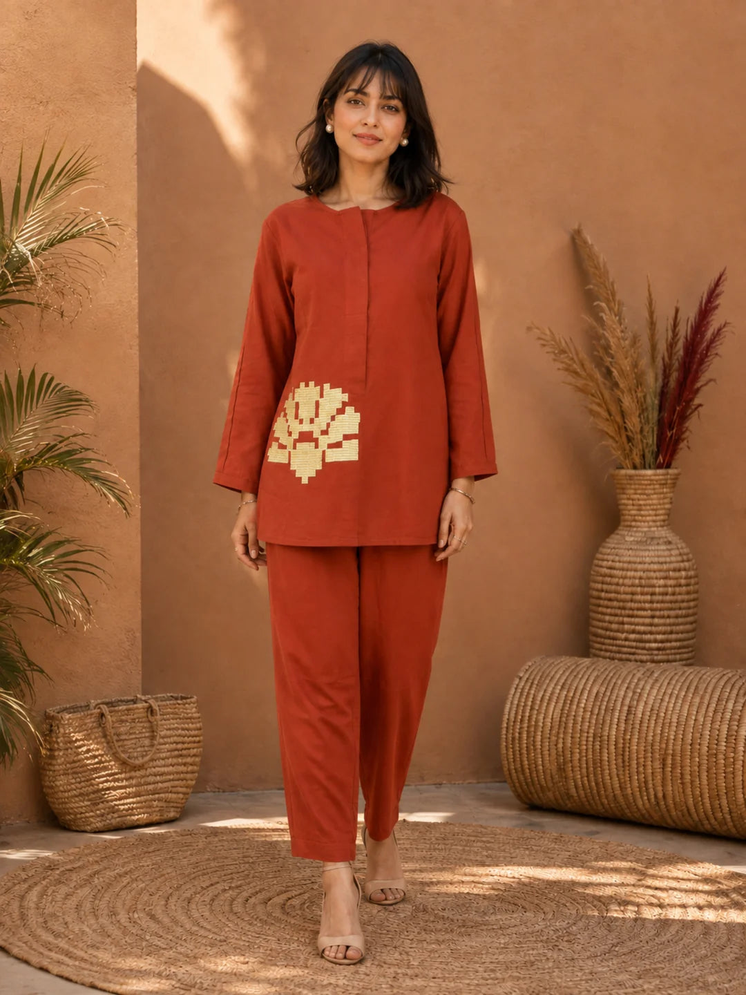 Rust Co-ord Set with Geometric Embroidery in Cotton Flex