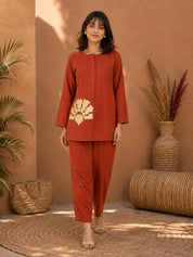 Rust Co-ord Set with Geometric Embroidery in Cotton Flex