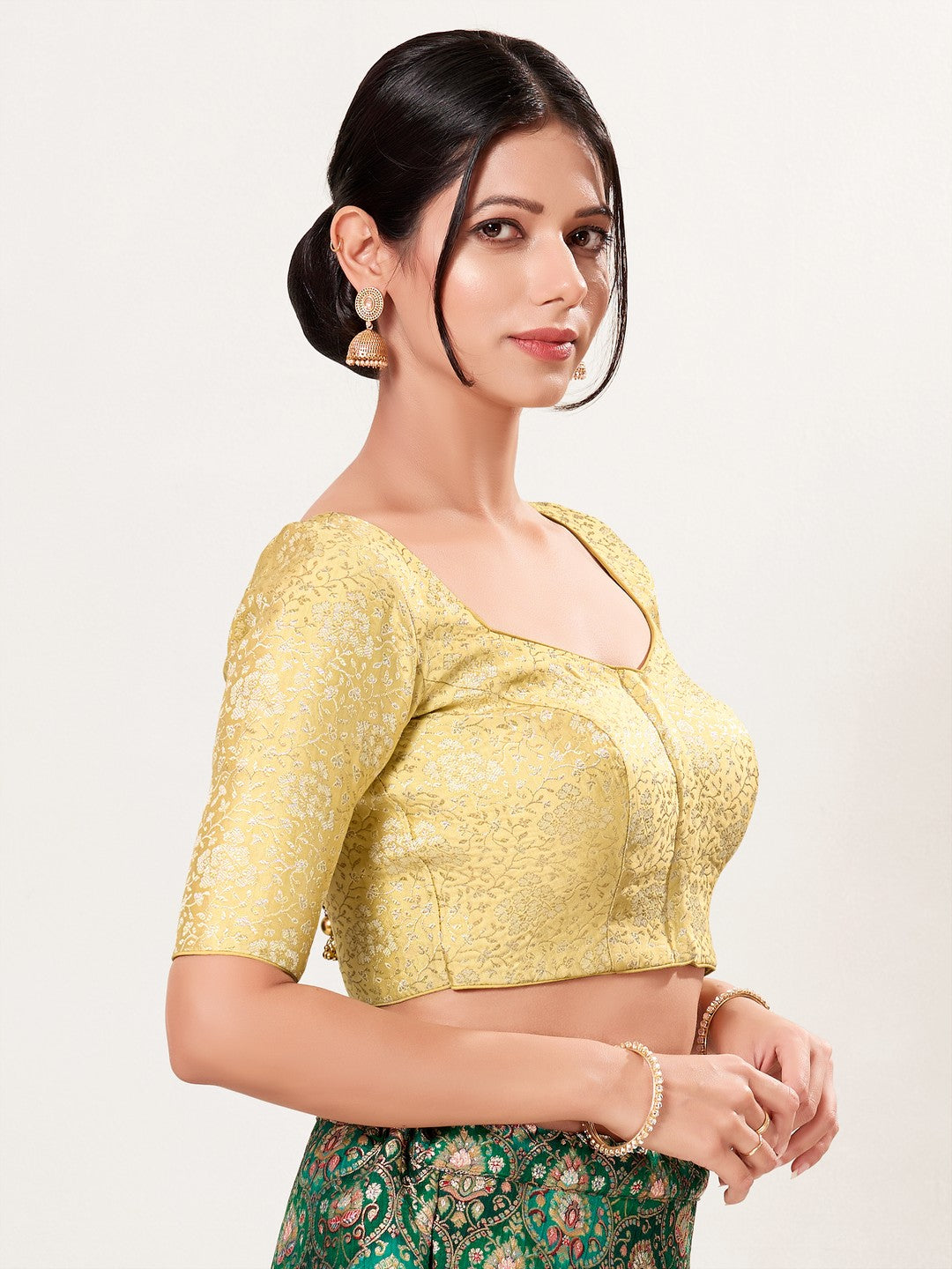 Gold Brocade Front Open Elbow Blouse