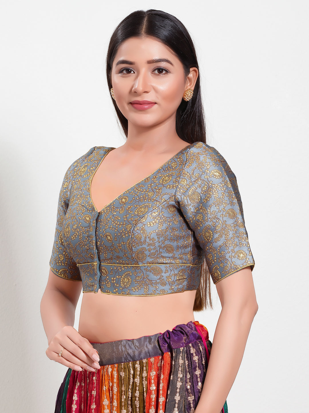 Delicate Weaved Brocade Front Open Blouse