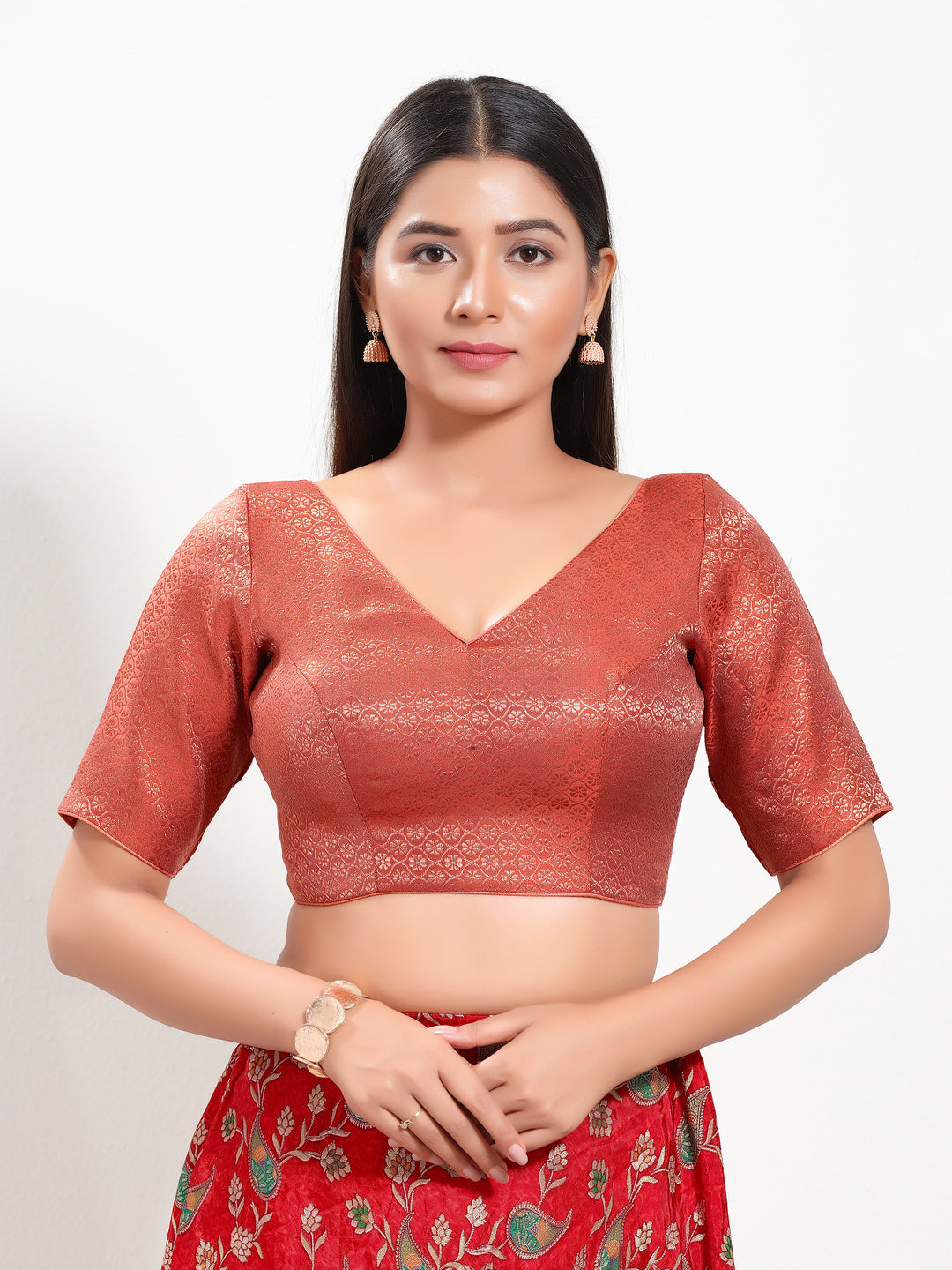 Golden Brocade V Neck Core Blouse