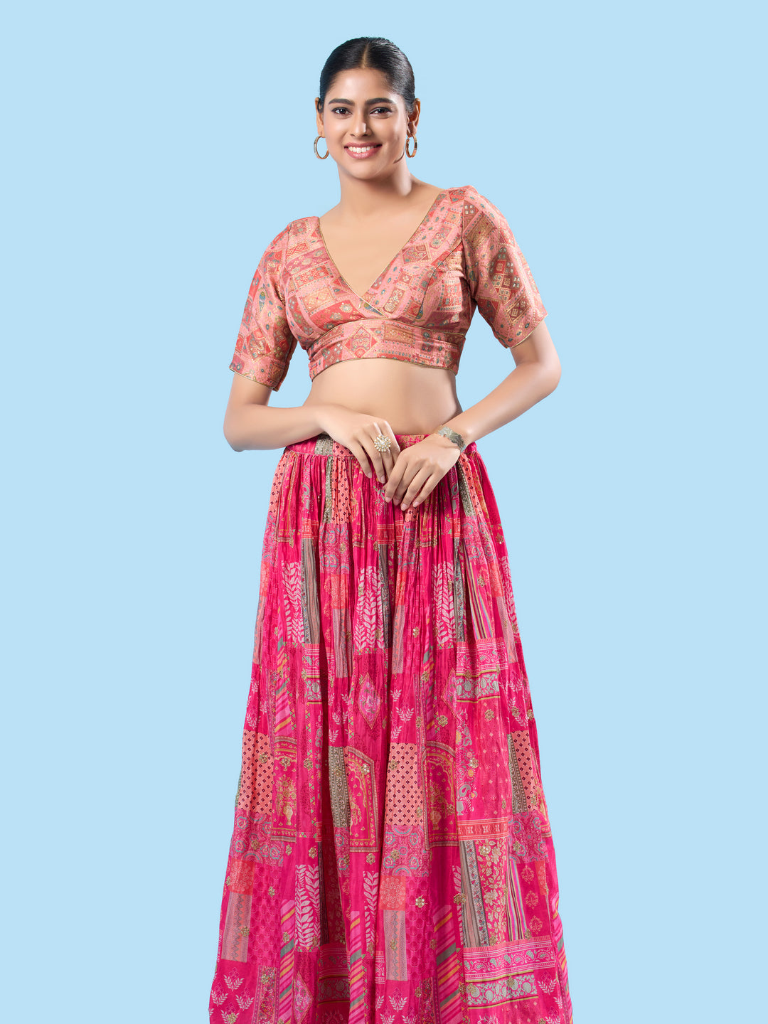 Position Printed Multi Brocade Overlap Blouse