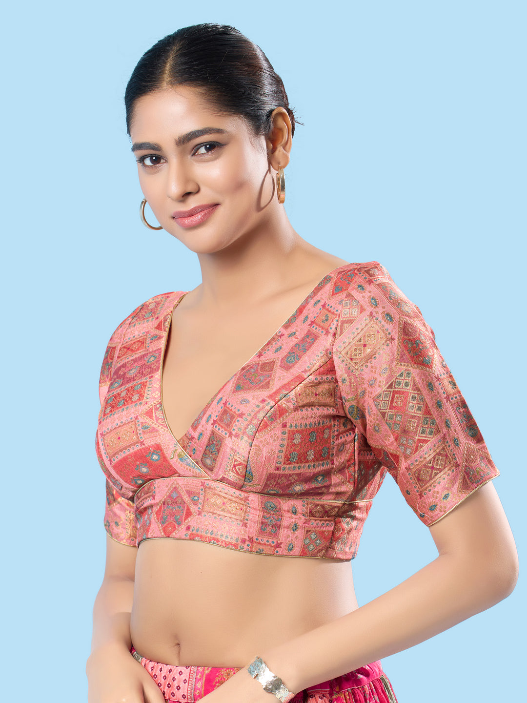 Position Printed Multi Brocade Overlap Blouse
