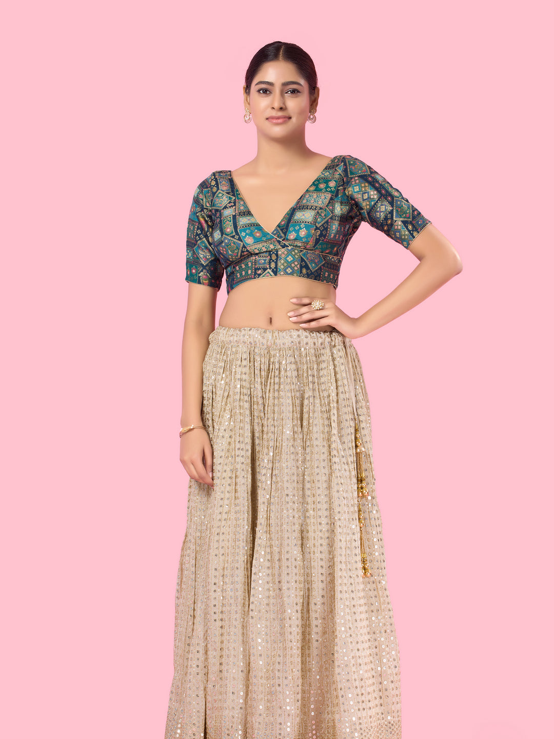 Position Printed Multi Brocade Overlap Blouse