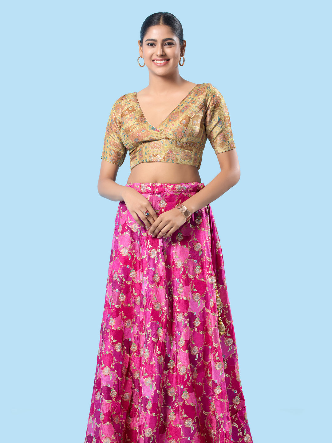 Position Printed Multi Brocade Overlap Blouse