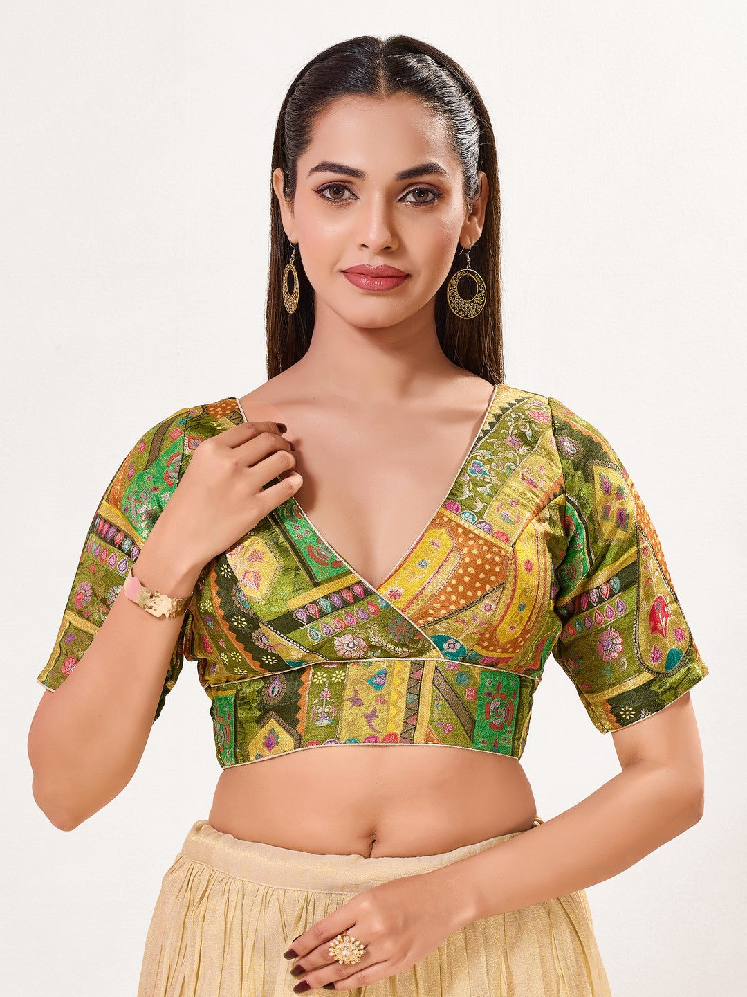 Position Printed Multi Brocade Overlap Blouse