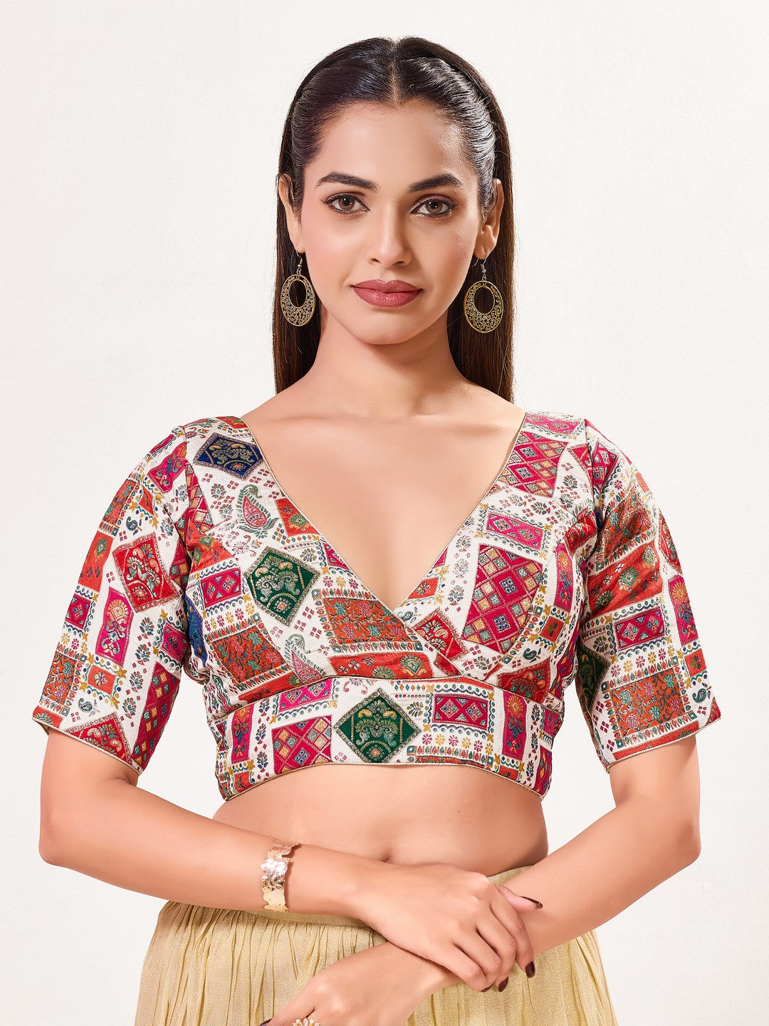 Position Printed Multi Brocade Overlap Blouse