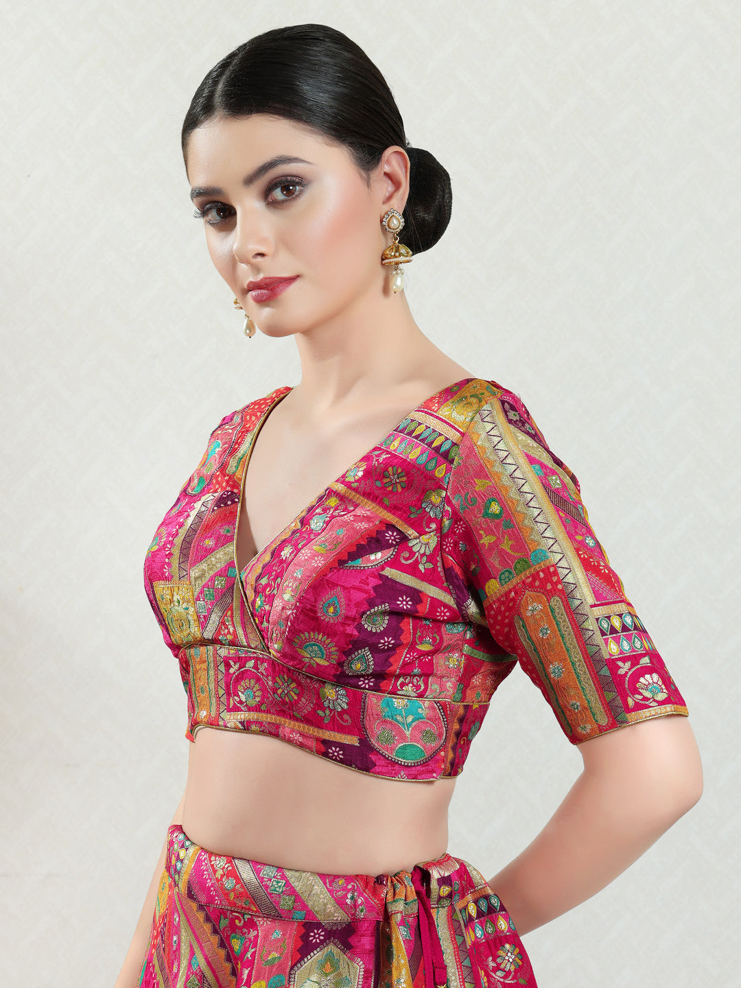 Position Printed Multi Brocade Overlap Blouse