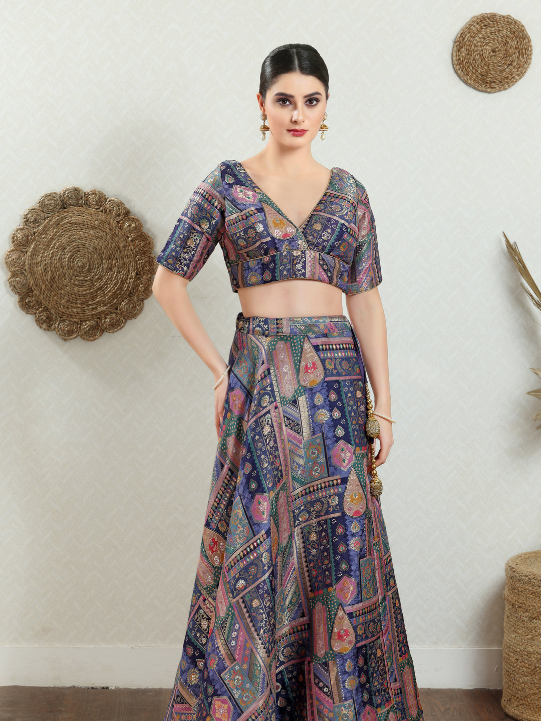 Position Printed Multi Brocade Overlap Blouse