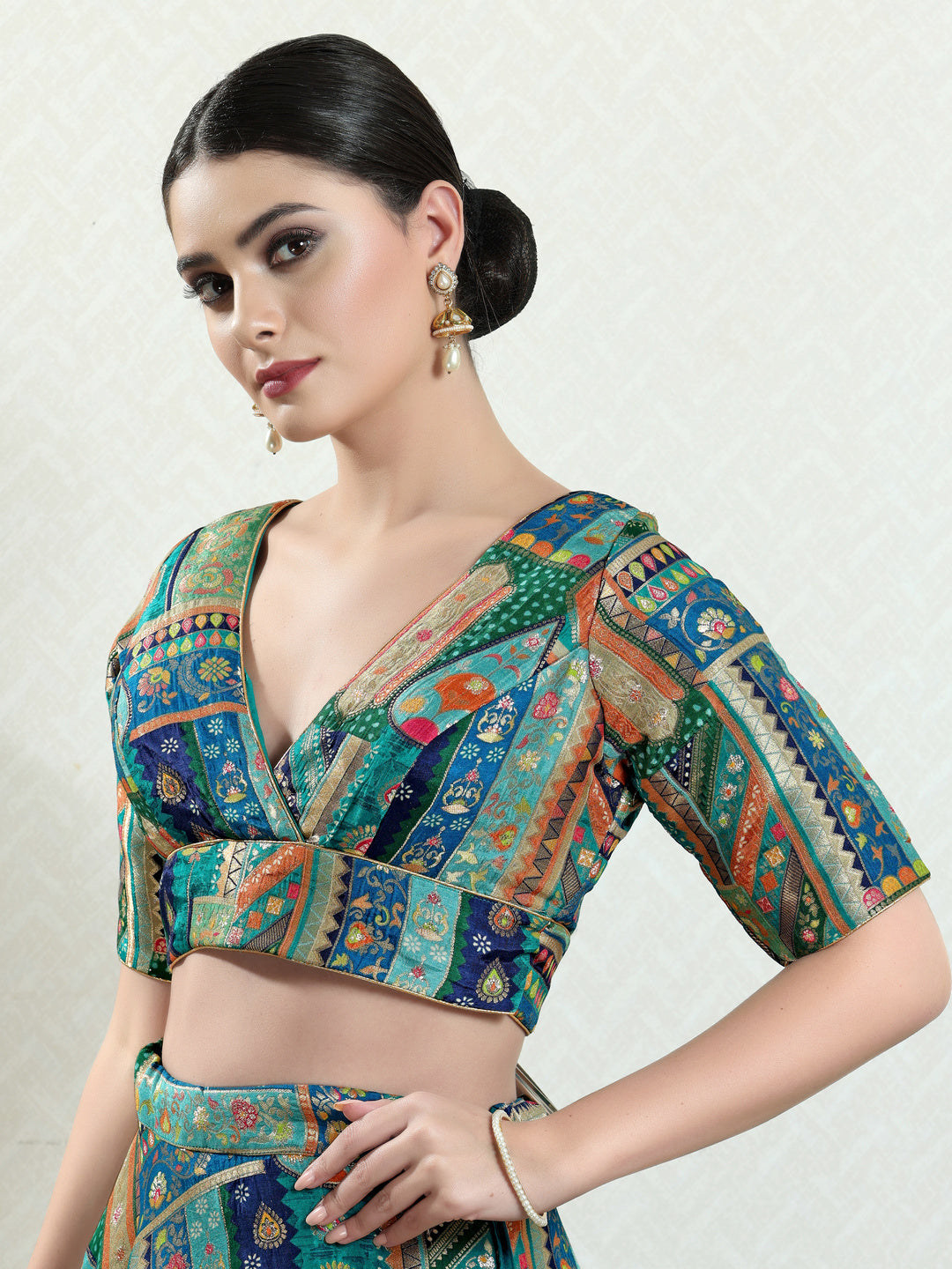 Position Printed Multi Brocade Overlap Blouse