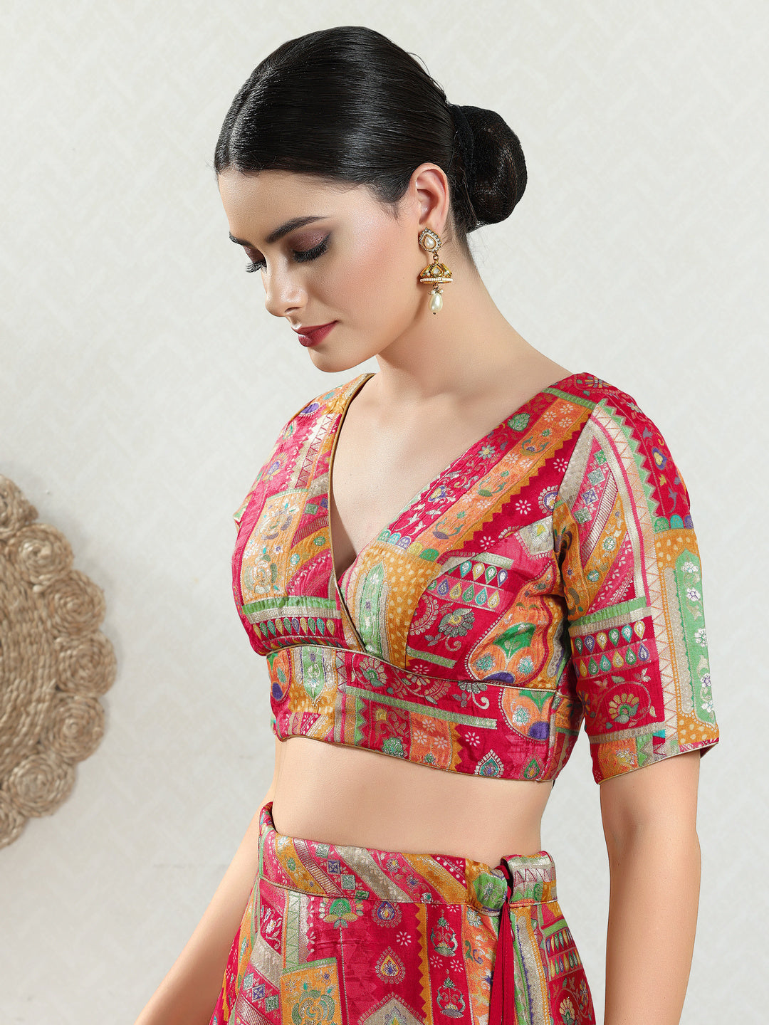 Position Printed Multi Brocade Overlap Blouse