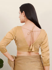 Satin Three Quarter Sleeves Solid V Neck Blouse