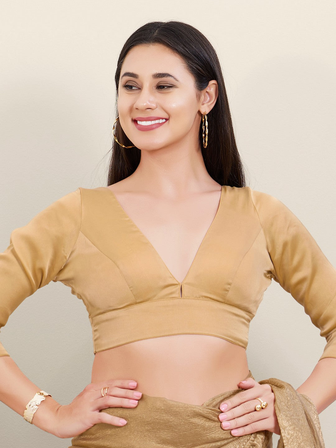 Satin Three Quarter Sleeves Solid V Neck Blouse