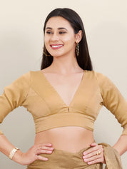 Satin Three Quarter Sleeves Solid V Neck Blouse