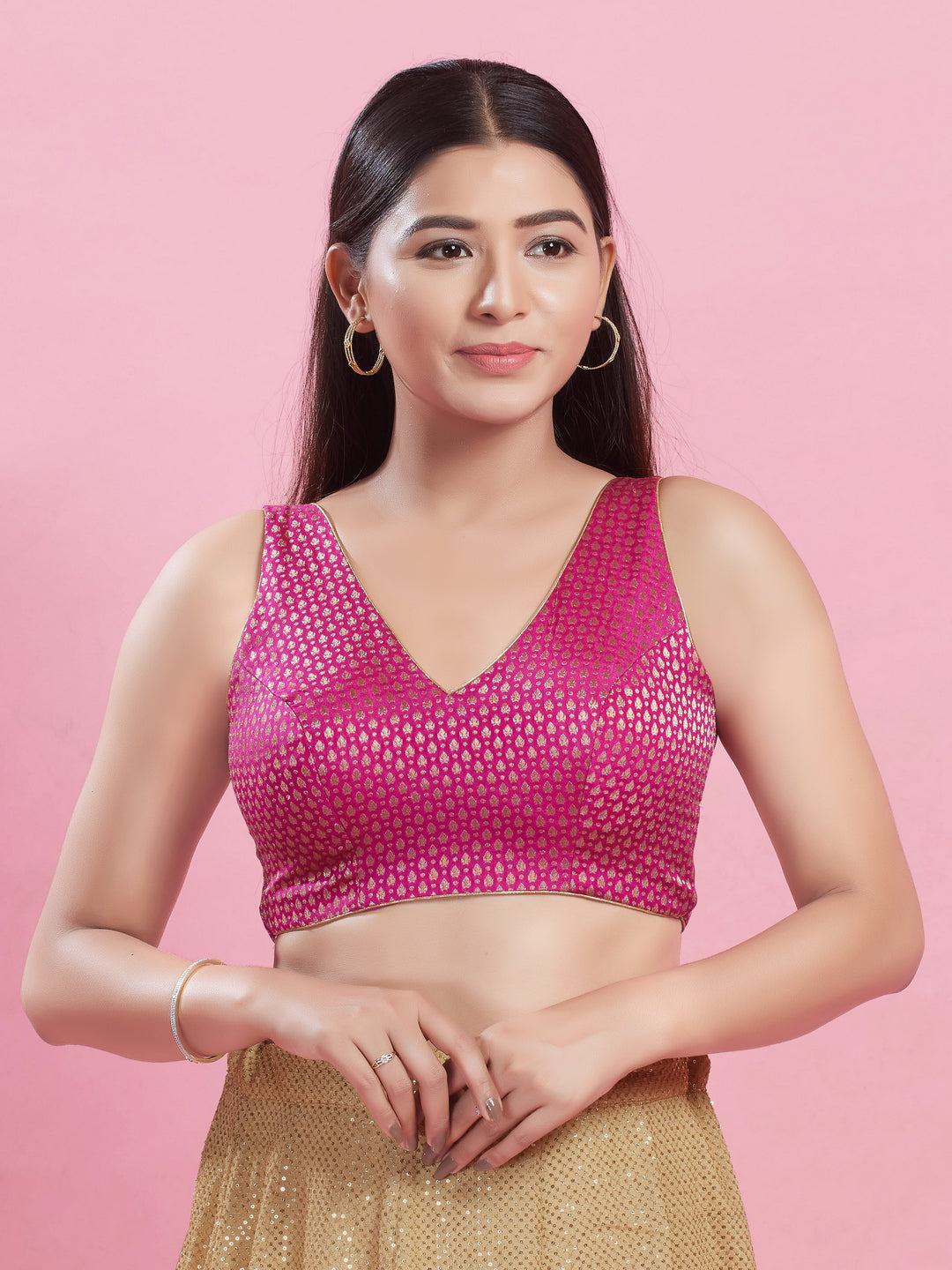V Neck Brocade Piping Blouse