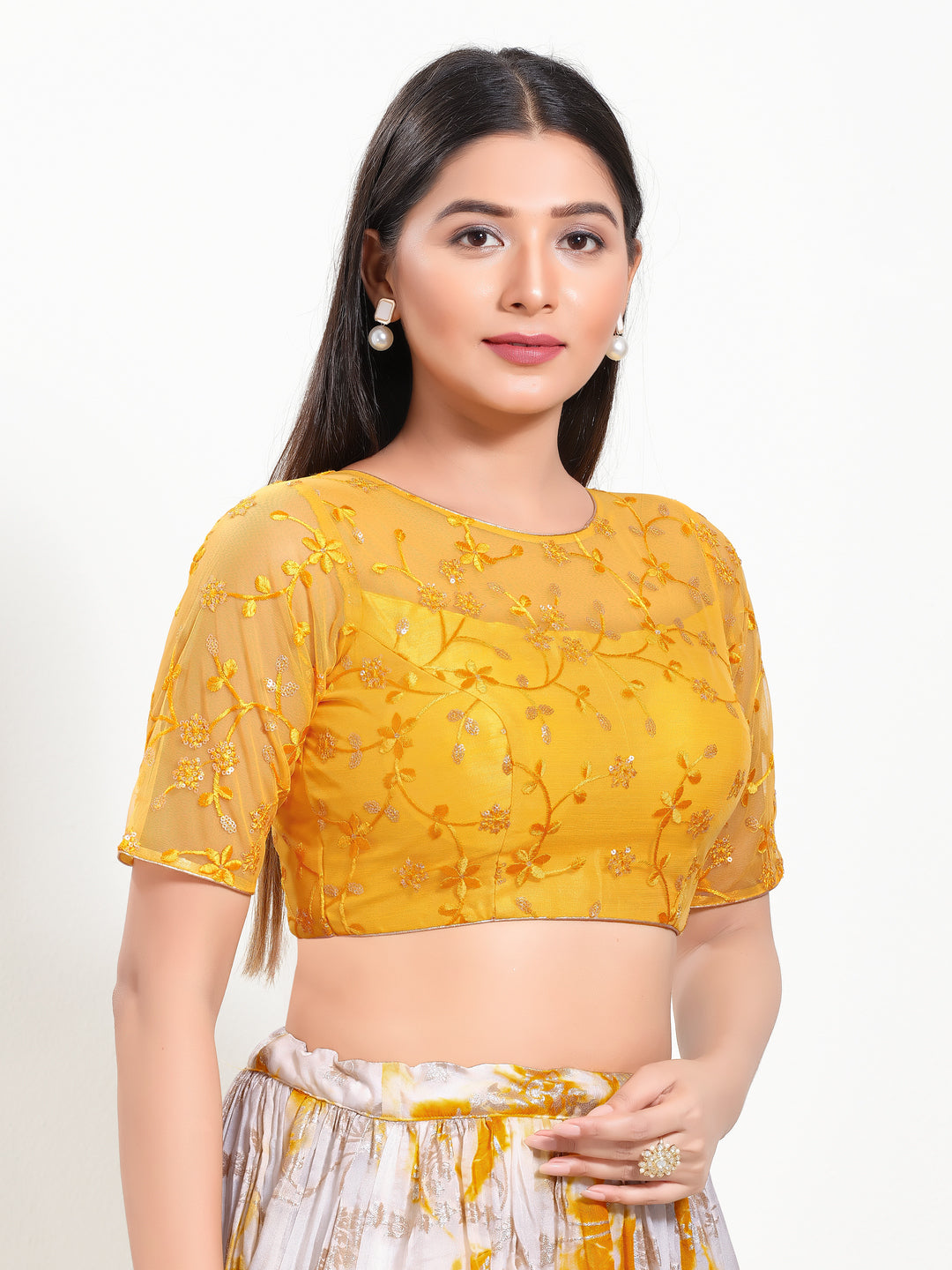 Net High Neck Embroidery Blouse