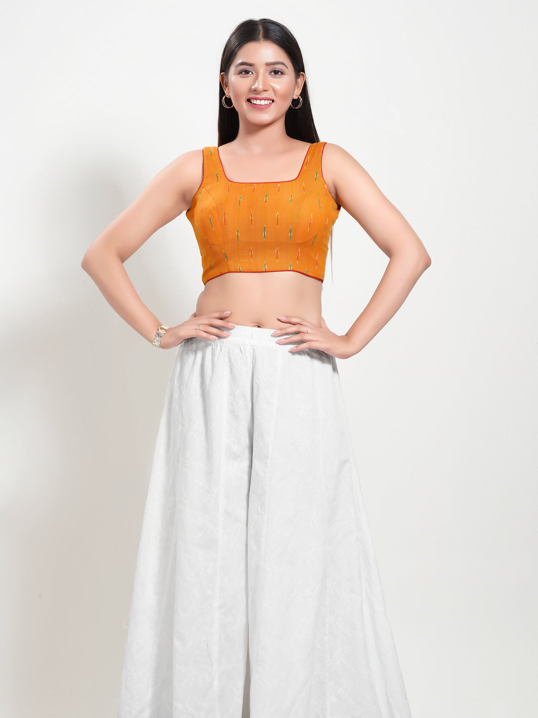 Ikat Cotton Round Neck Piping Sleeveless Blouse