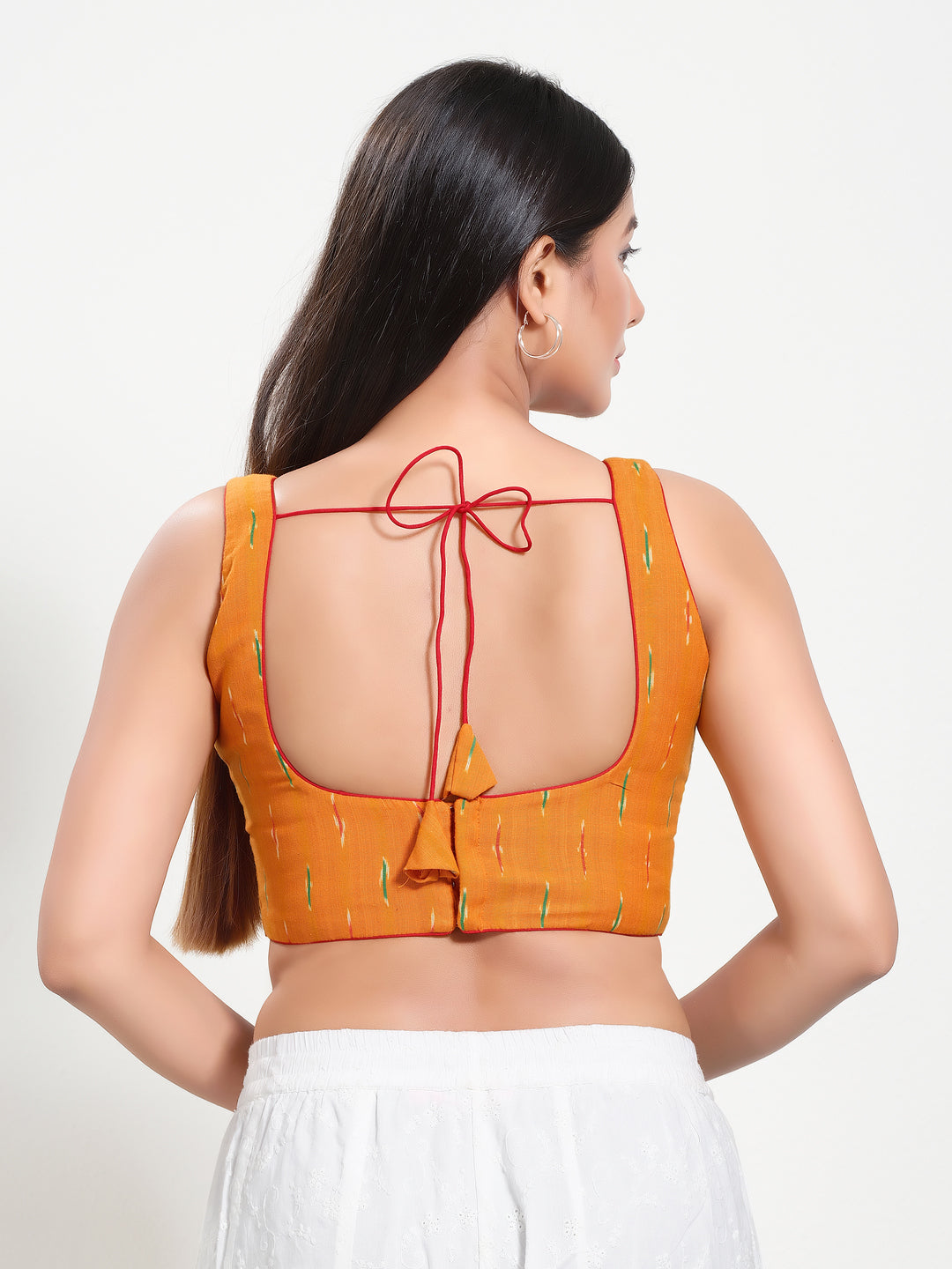 Ikat Cotton Round Neck Piping Sleeveless Blouse