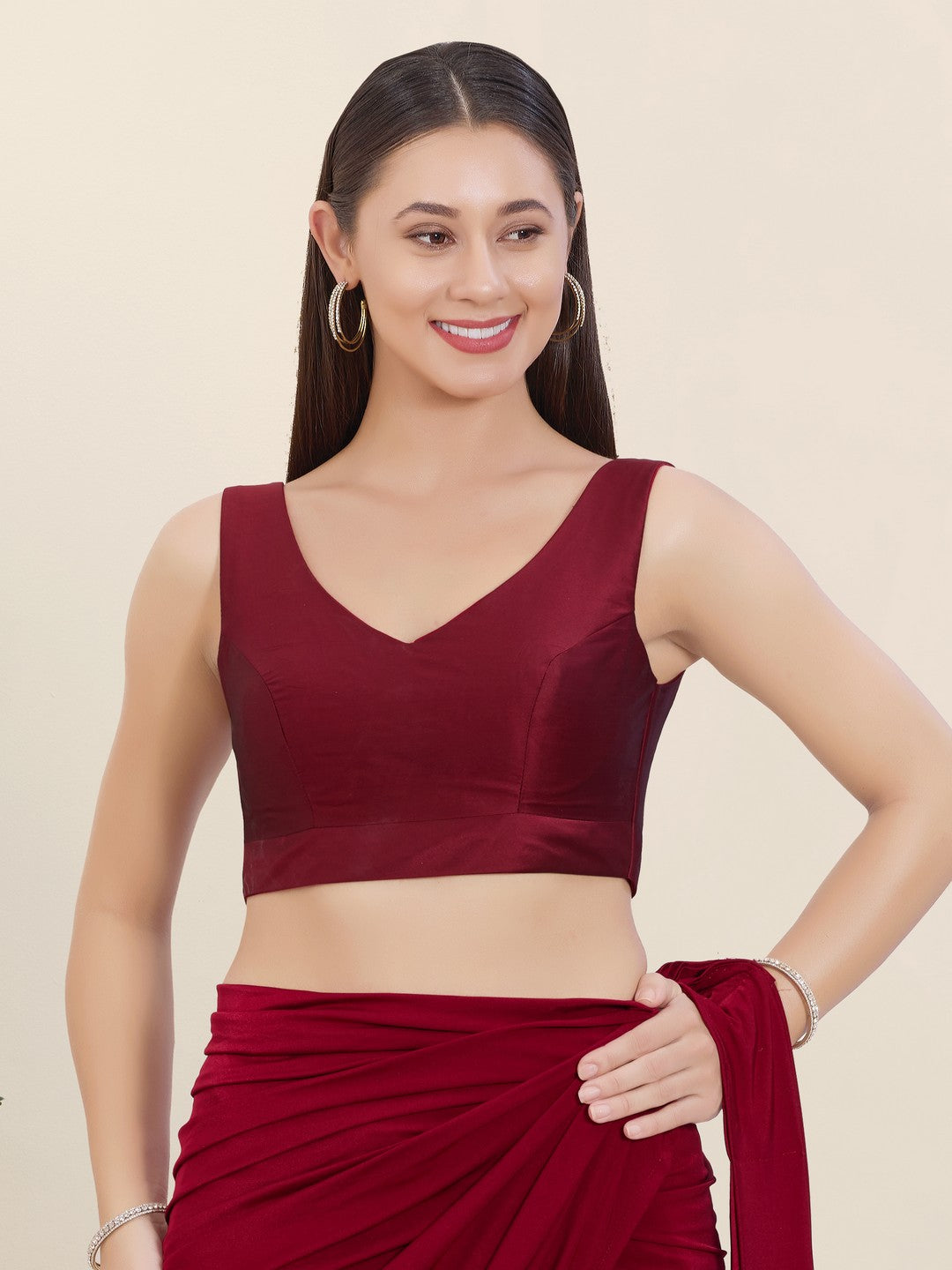 Vamas Silk V Neck Yoke Sleeveless Blouse