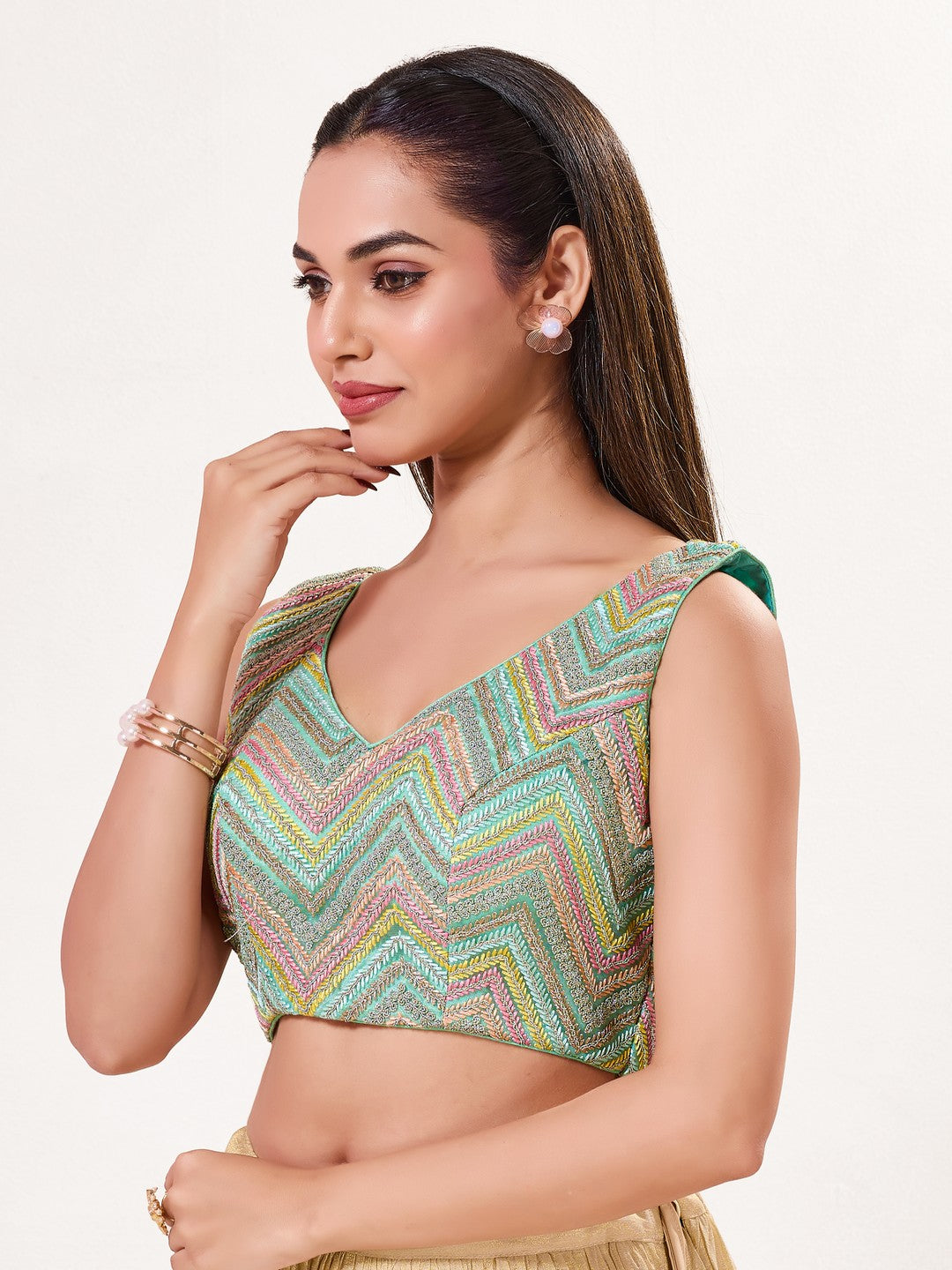 Thread Zari Zig Zag V Neck Pastel Blouse