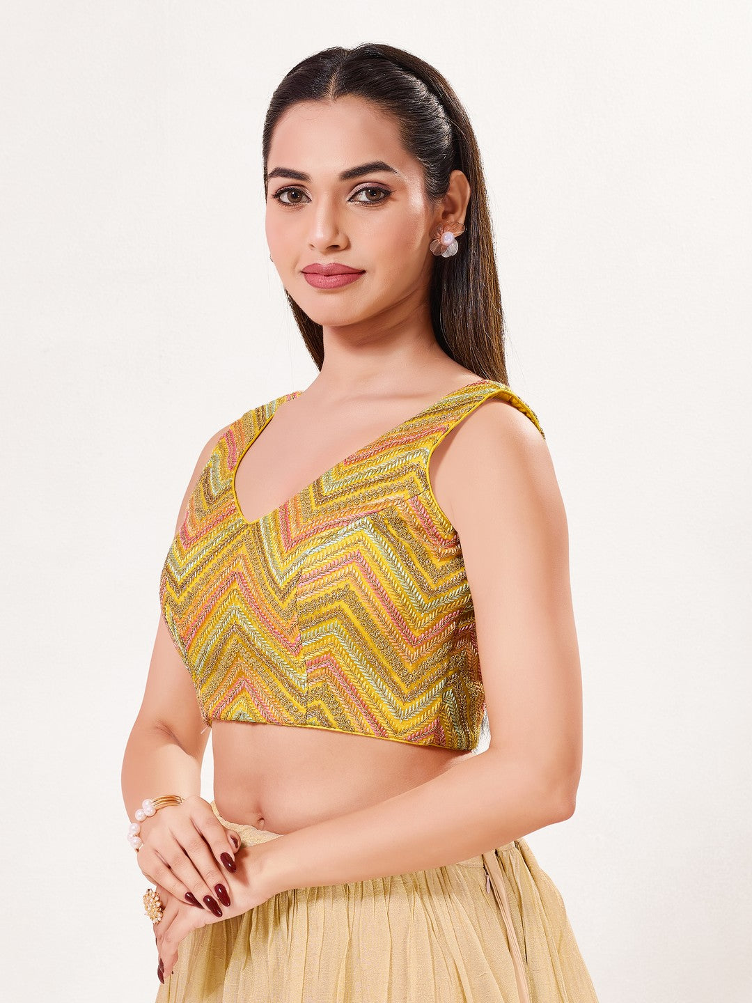 Thread Zari Zig Zag V Neck Pastel Blouse