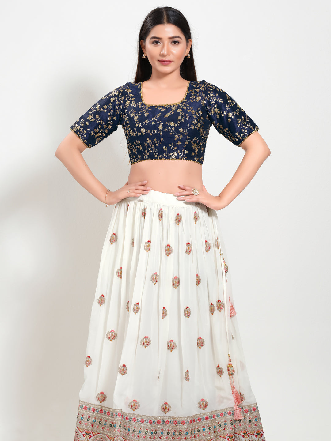 Delicate Embroidery Moti Lace Round Neck Blouse