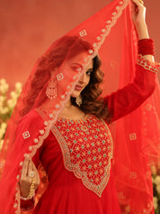 Red Multicolour Embroidered Yoke Kurta Set with Dupatta in Organza Silk