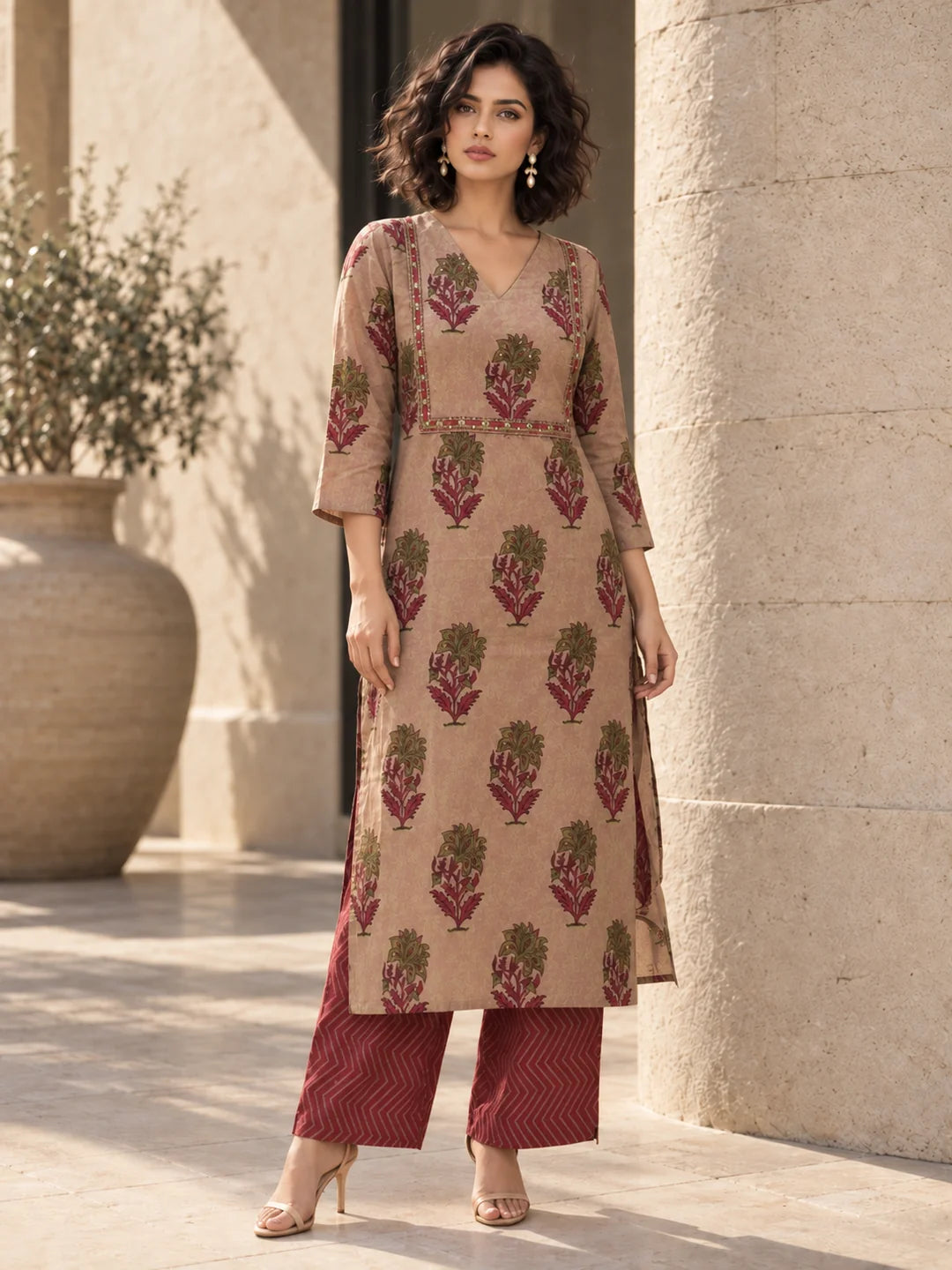 Pink Floral Buta Print Kurta Set in Cotton