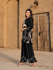 Black & Peach Placement Printed Crepe Co-ord Set with Sequin Detailing