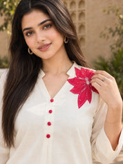Ivory & Red Appliqué Silk Kurta Co-ord Set