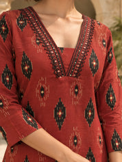 Maroon and Black Ikat Print Kurta Set in Cotton