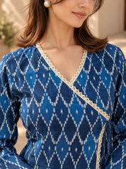 Blue Ikkat Print Angrakha Style Short Kurti in Cotton