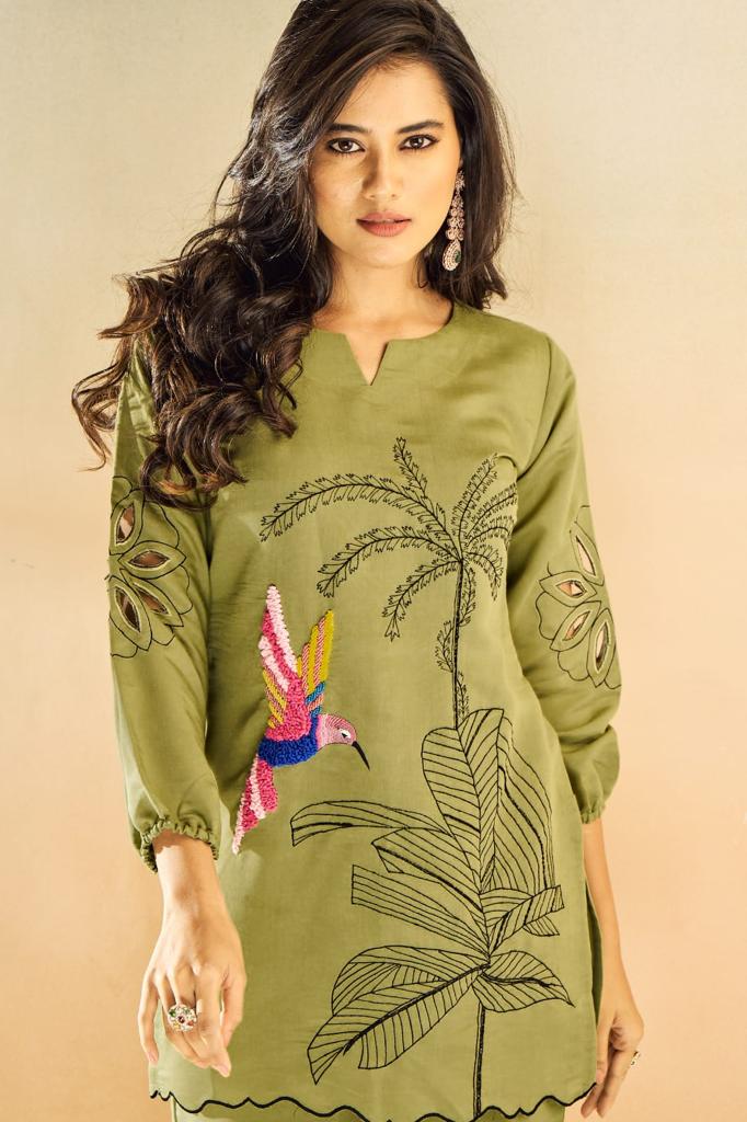Green Embroidered Muslin Tunic & Trouser Co-Ord Set