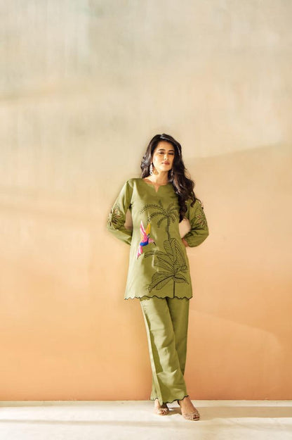 Green Embroidered Muslin Tunic & Trouser Co-Ord Set