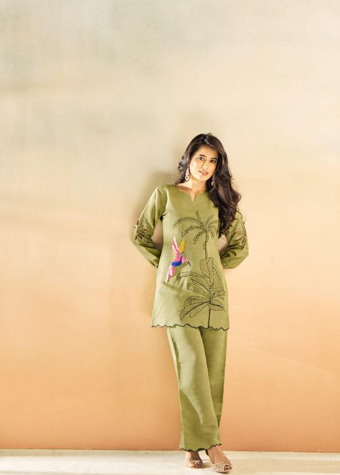 Green Embroidered Muslin Tunic & Trouser Co-Ord Set - Kaftanize