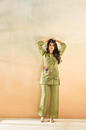 Kaftanize Green Embroidered Muslin Tunic & Trouser Co-Ord Set