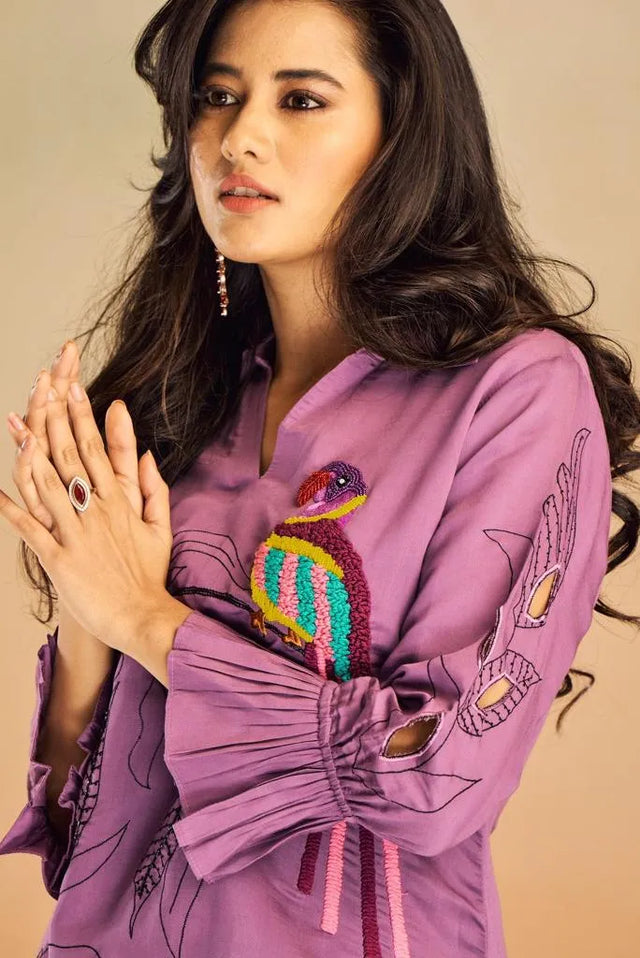 Purple 3D Thread Work Tunic and Trouser Co-Ord Set