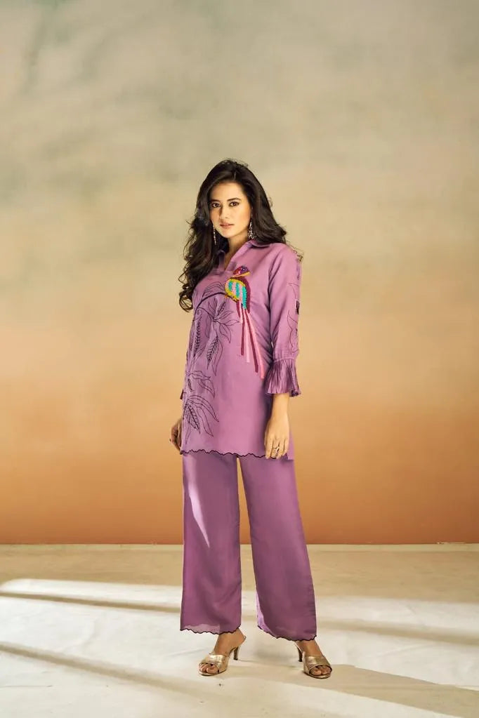 Purple 3D Thread Work Tunic & Trouser Co-Ord Set